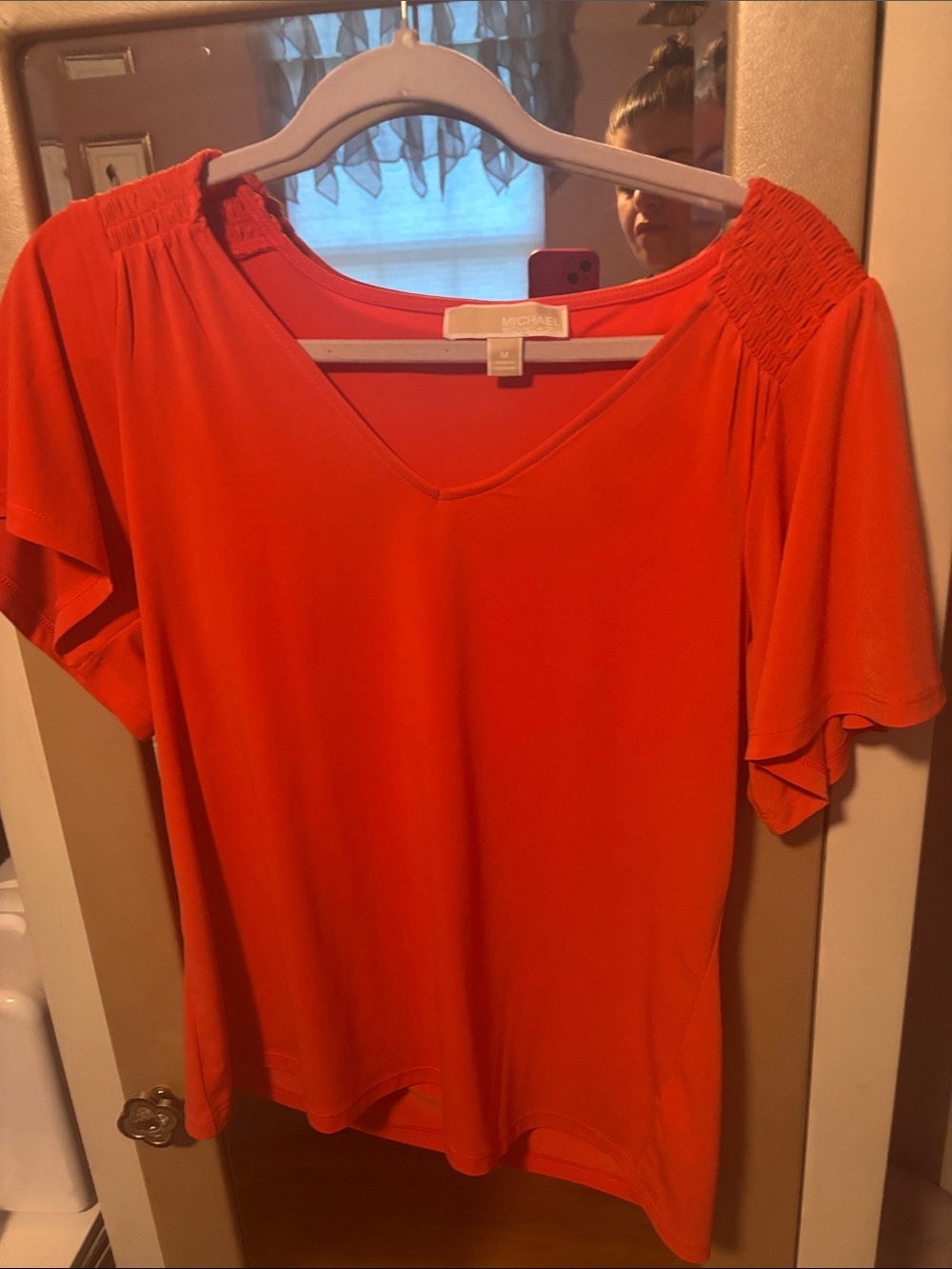 MICHAEL Michael Kors Vibrant Orange V-Neck Smocked Shoulder Top